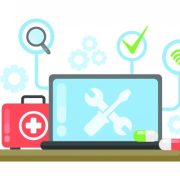 restoro features system optimizers laptop repair process screwdriver and wrench on the screen first aid kit magnifying glass in the background